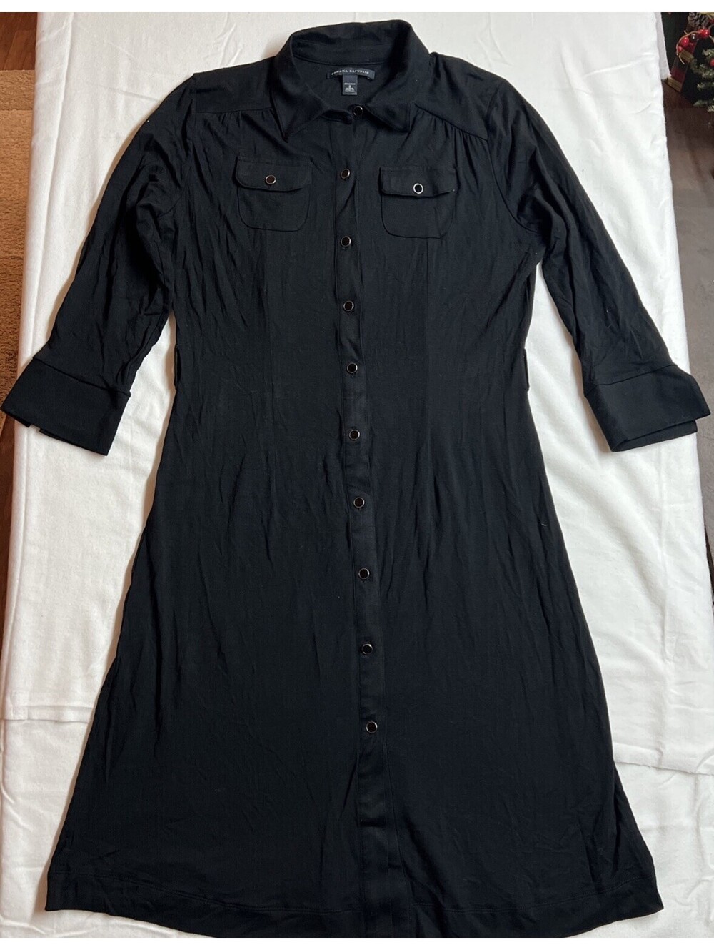 Banana Republic Black Dress Womens Size 8 Stretch Button Up Knee Length 3/4 SLV